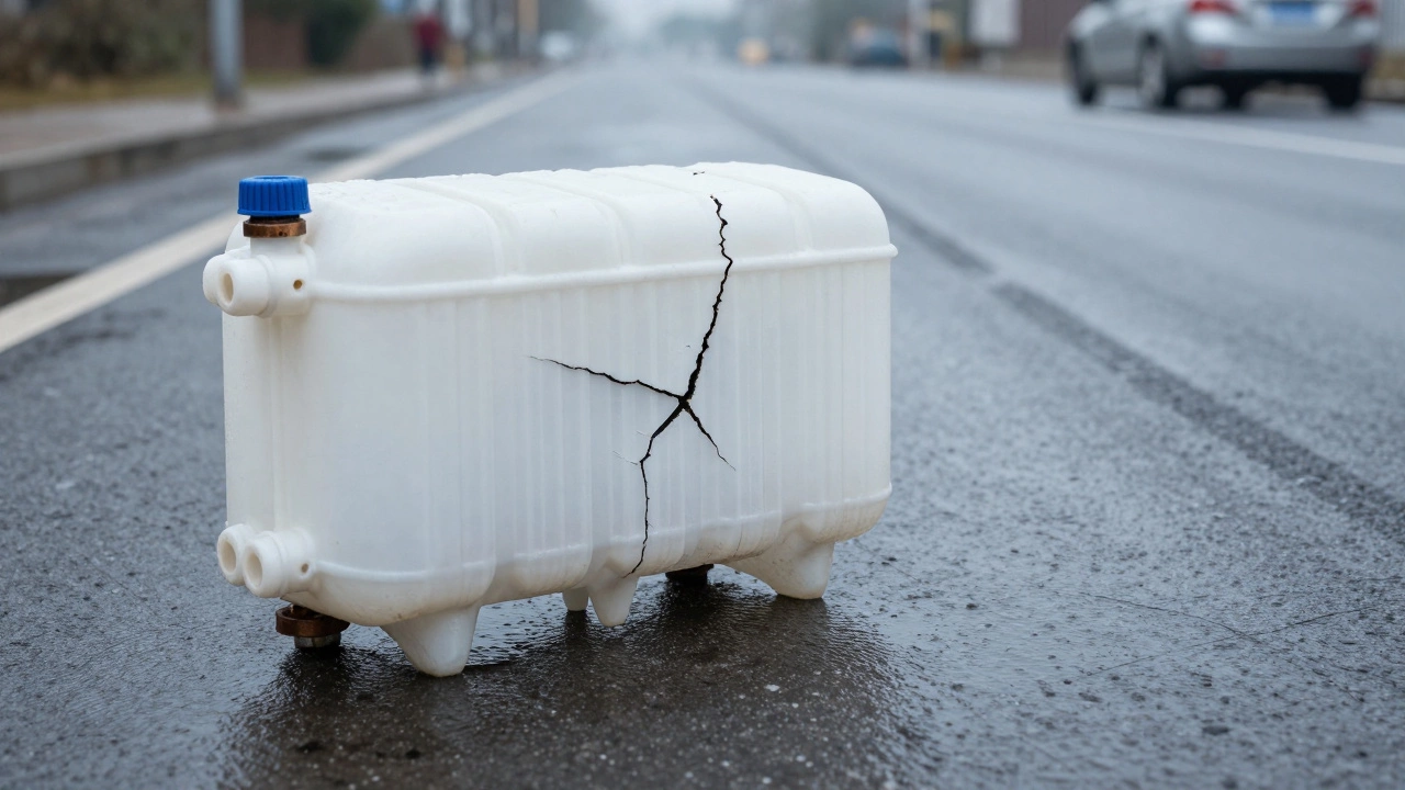 Cracked radiator tank leaking coolant onto a wet, salty road surface.
