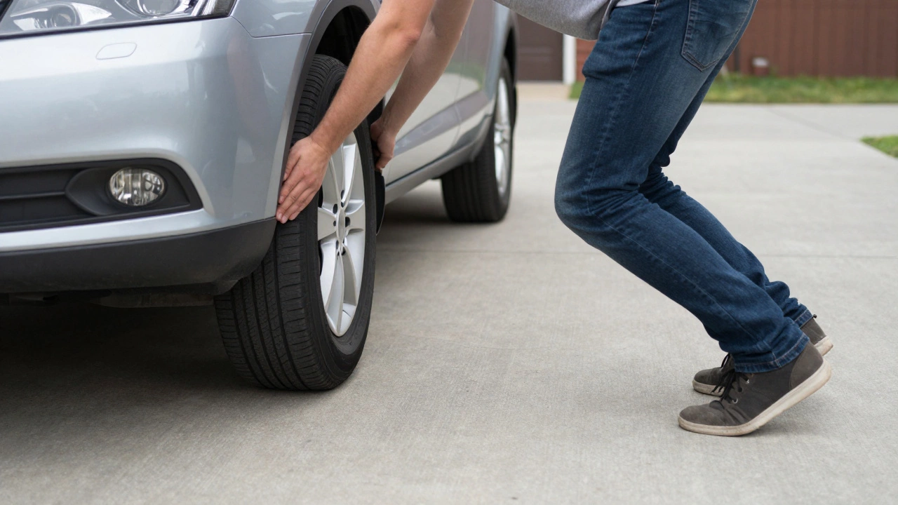 Person pushing car bumper to test suspension damping