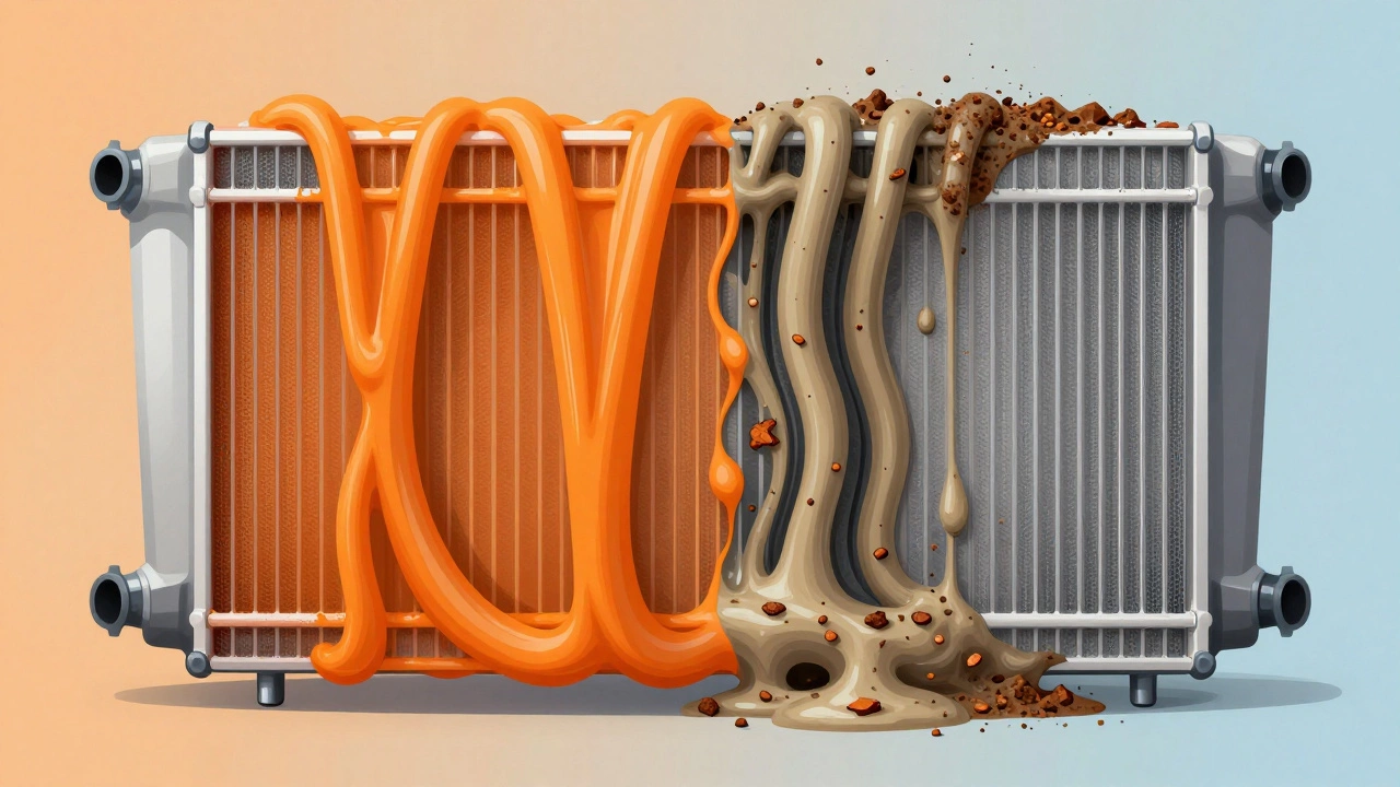 Radiator internals showing clean coolant flowing on one side and sludgy blockage on the other.