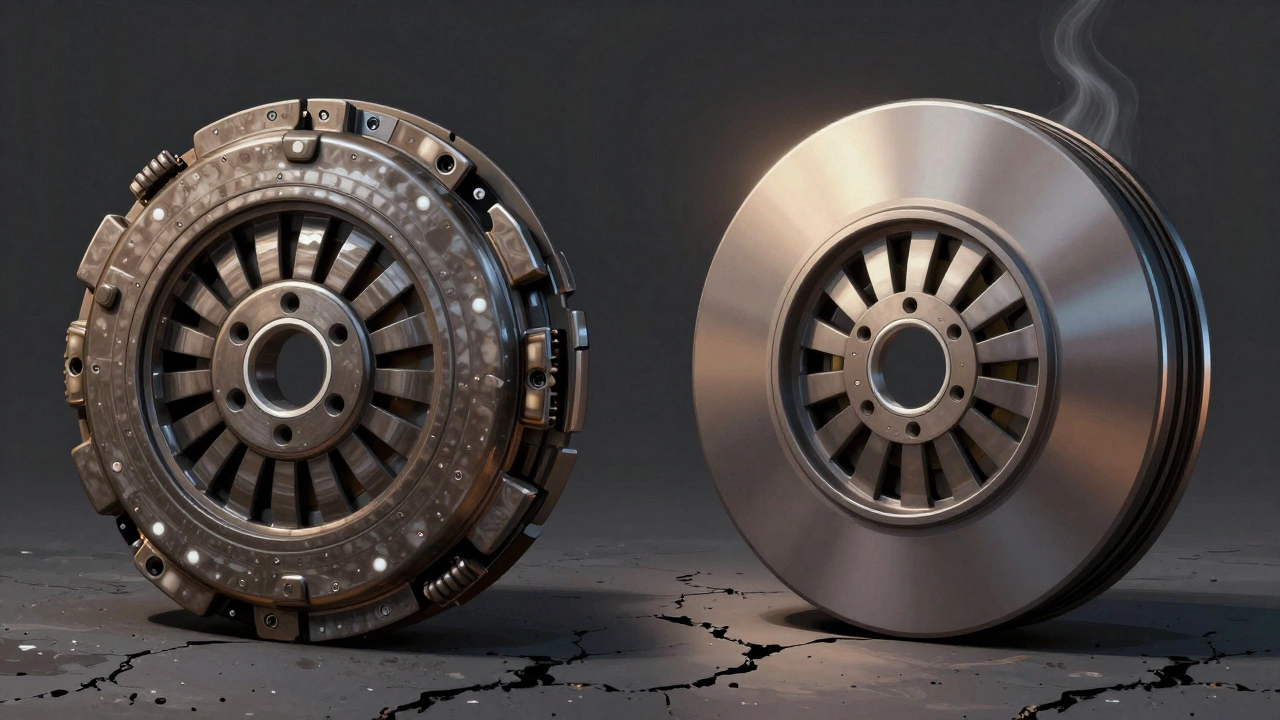 Side-by-side comparison of a stage 3 clutch and a standard clutch, showing aggressive materials versus smooth damping components.