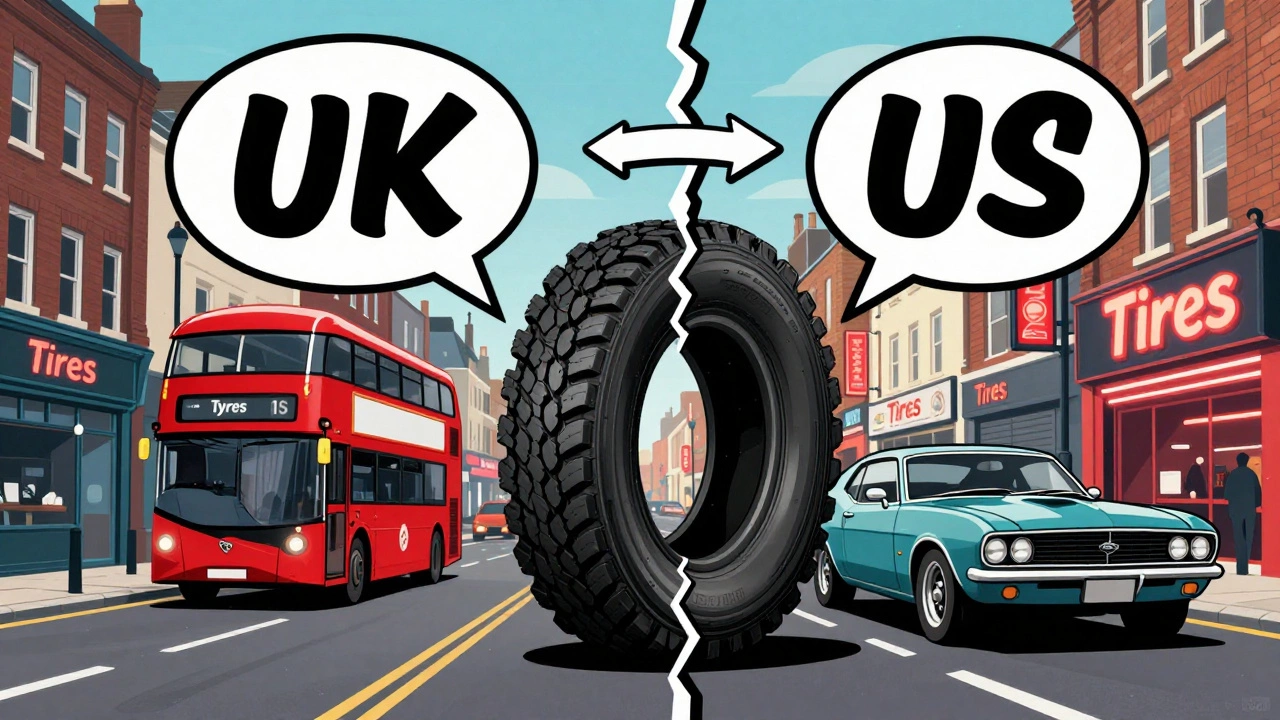 Split-city illustration showing UK and US spellings of tyre/tire with regional landmarks and signage.