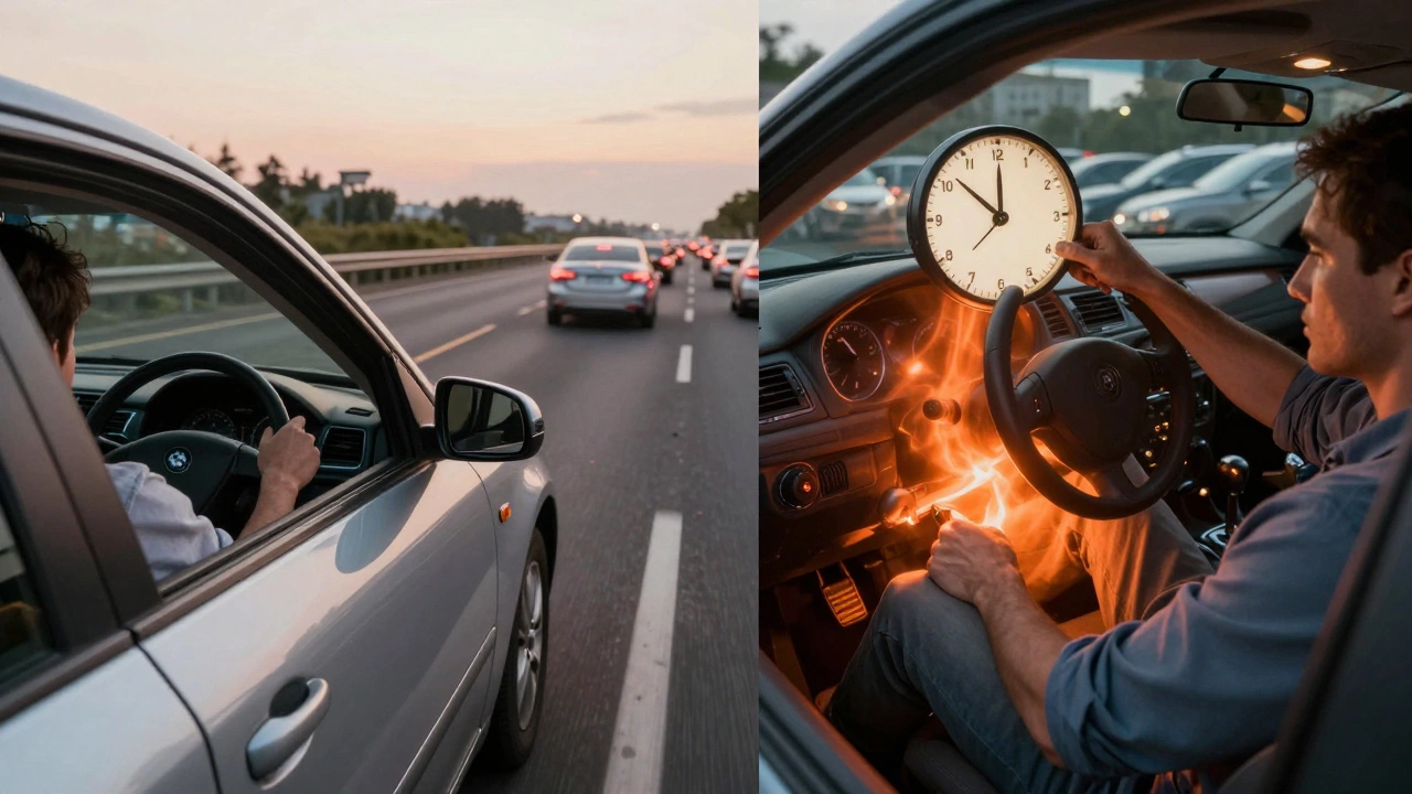 Split-screen of a car on highway versus gridlocked city traffic, highlighting how daily driving wears down a performance clutch.