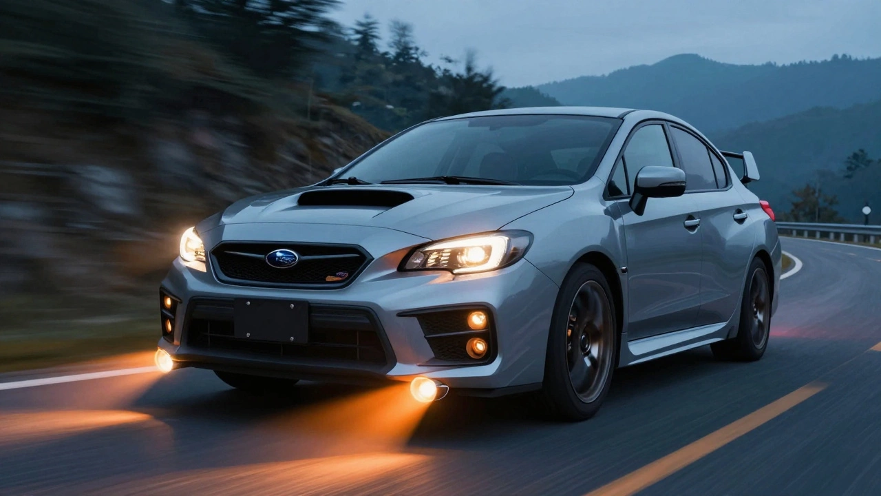 Subaru WRX speeding on mountain road, turbo whistle visible as heat distortion from exhaust.