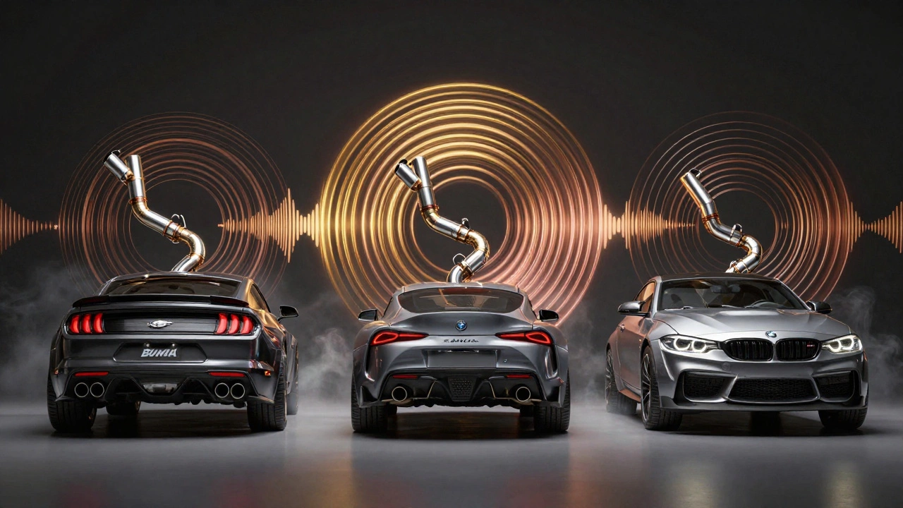 Three performance exhaust systems with visualized sound waves, representing harmonic tone.