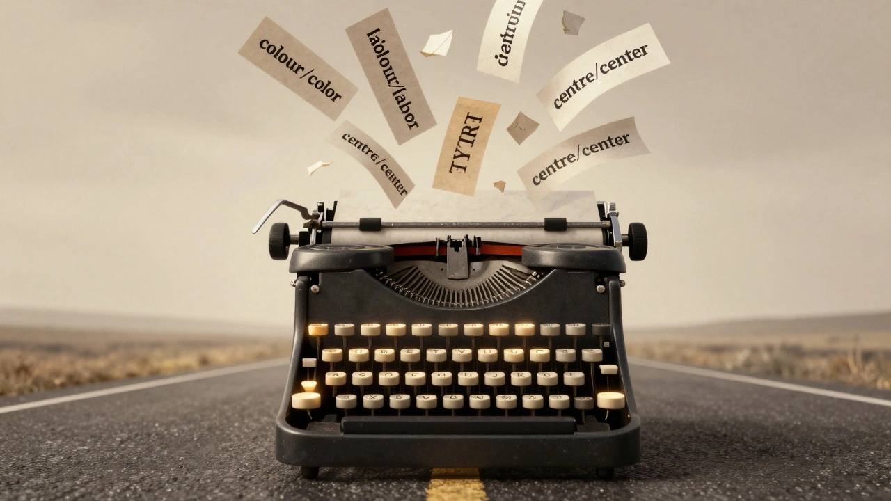 Vintage typewriter with 'TYRE' and 'TIRE' keys glowing amid floating word pairs representing regional spelling differences.