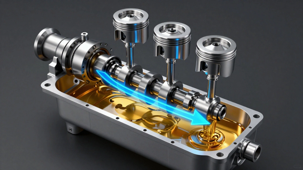 3D cutaway diagram showing oil flowing from the pan to engine components