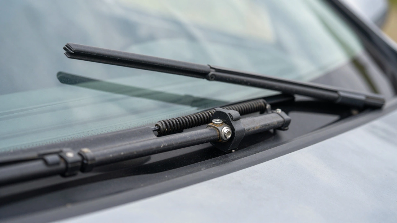 Close-up of a car wiper arm spring and a folded windshield cover on the hood.