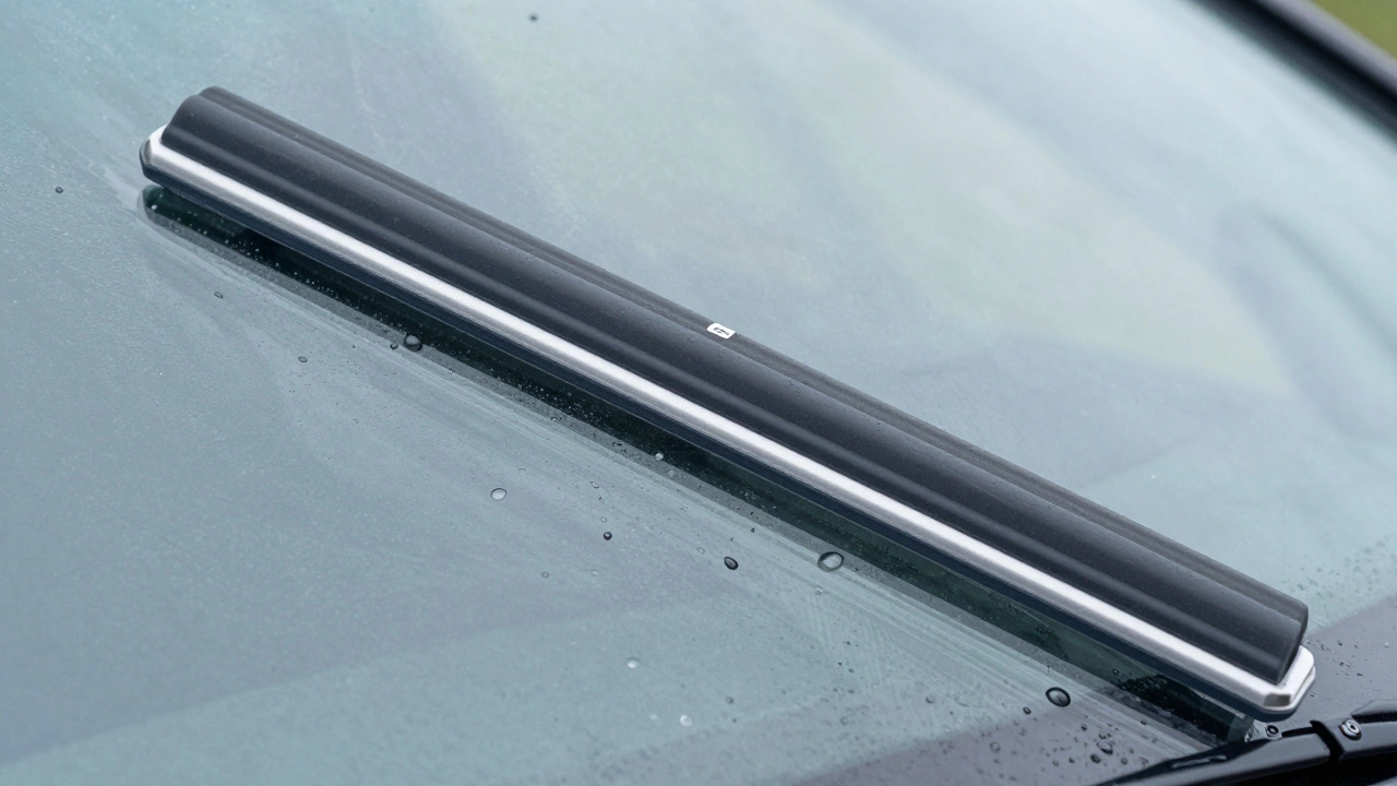 Close-up of a premium wiper blade clearing rain from a windshield leaving a clean arc