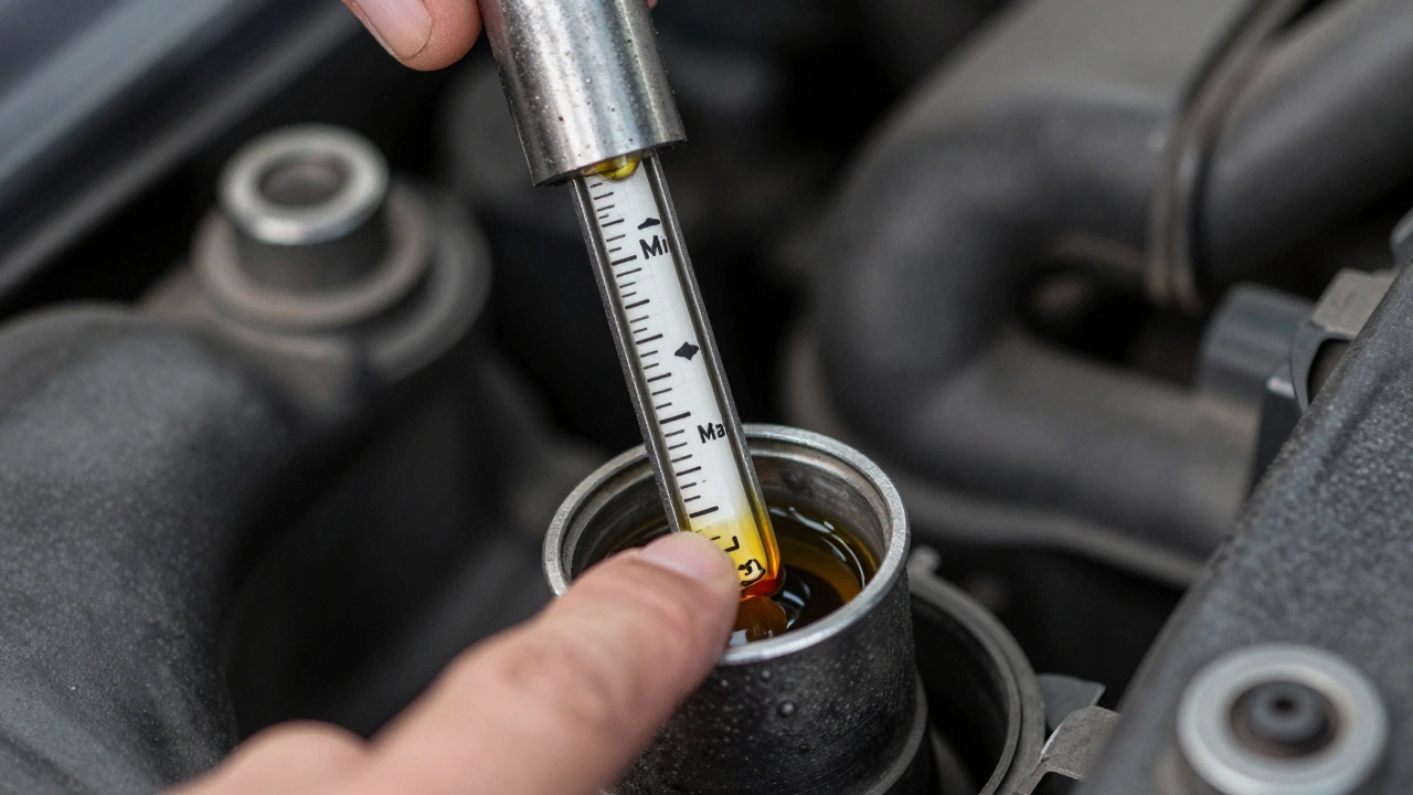 Close-up of an oil dipstick showing the lubricant level between the minimum and maximum marks