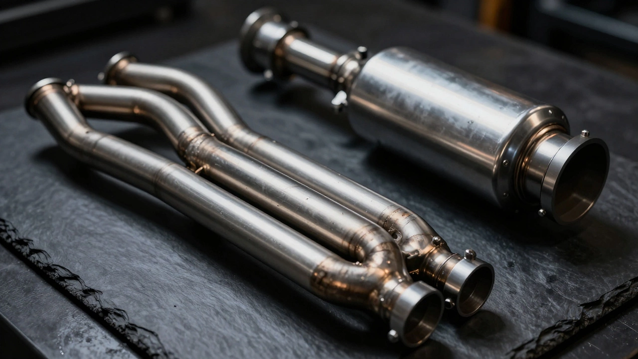 Close-up of polished stainless steel long-tube headers and a high-flow catalytic converter.