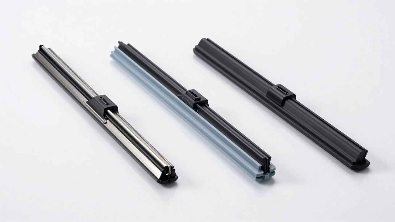 Comparison of conventional, hybrid, and beam windshield wiper blades on a white background