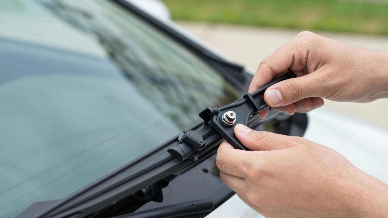 Hands installing a new wiper blade onto a car wiper arm