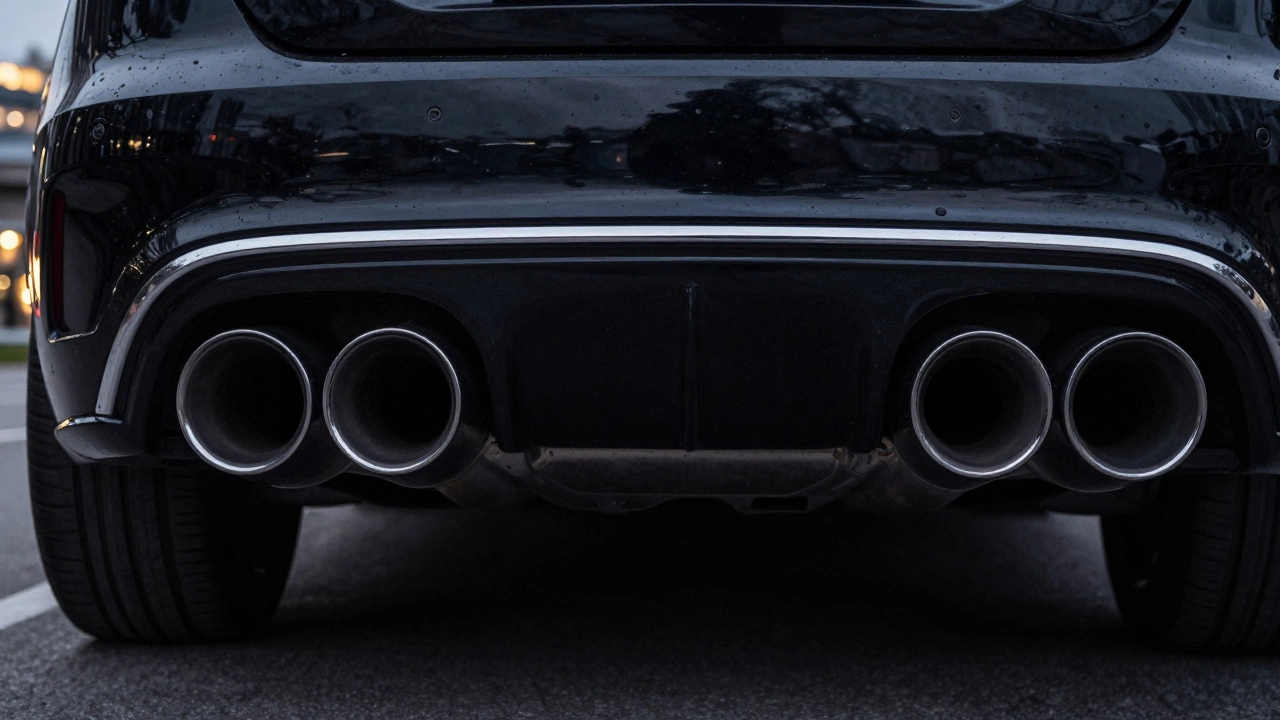 Polished dual exhaust tips centered in a car bumper during twilight.