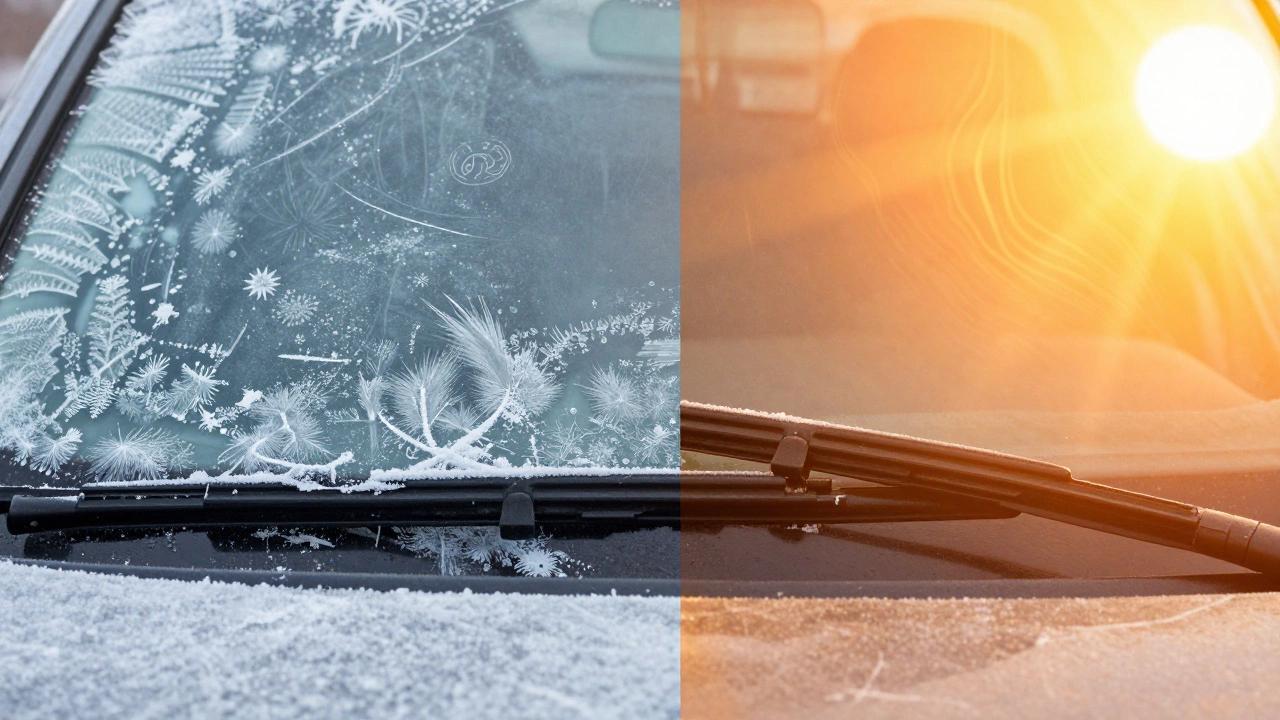 Split image showing a wiper blade in freezing ice and another in extreme summer heat.
