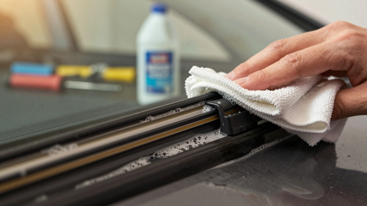 Close-up of hands cleaning a car wiper blade with soapy water