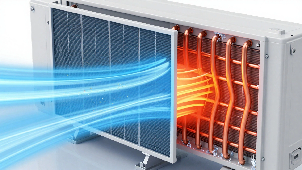 Cross-section diagram showing airflow through AC coil and filter