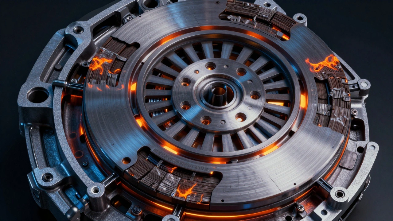 Cutaway view of a overheating and worn clutch assembly