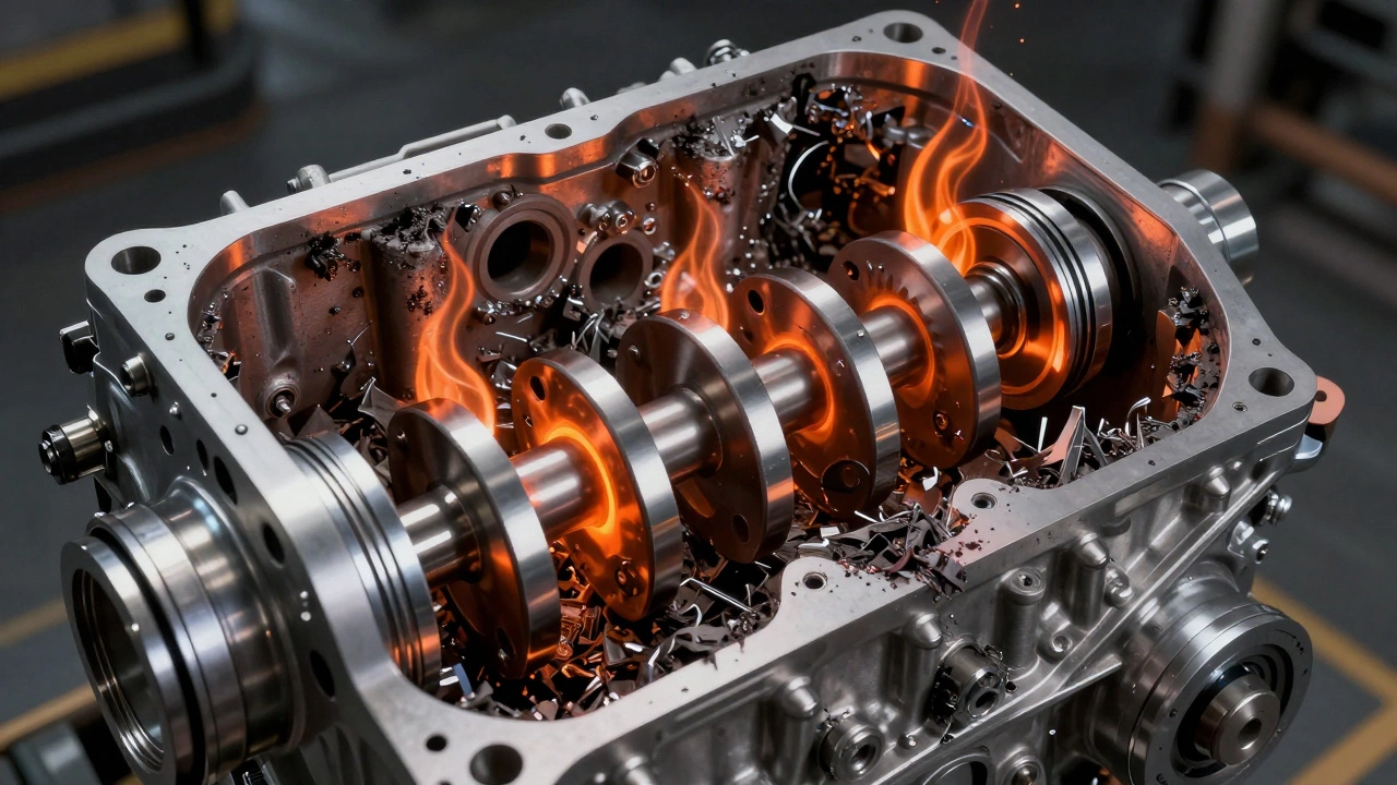 Cutaway view of engine parts grinding together due to lack of oil