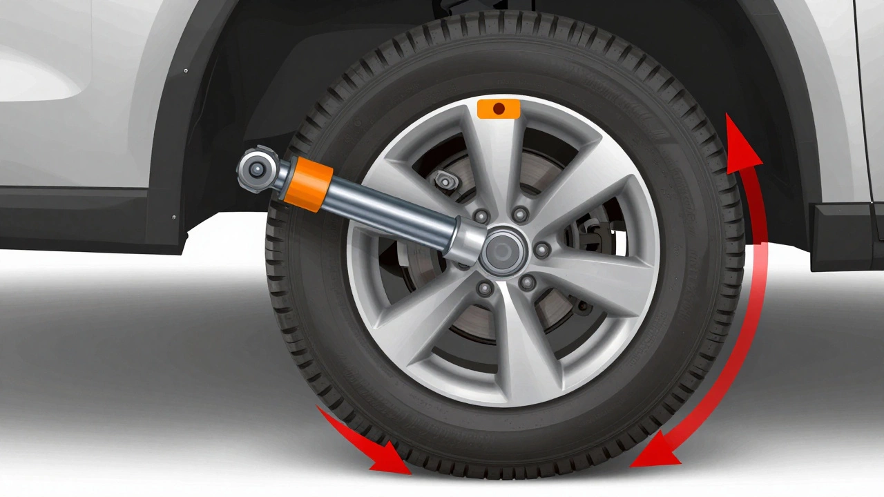Diagram showing bent suspension parts causing tire misalignment