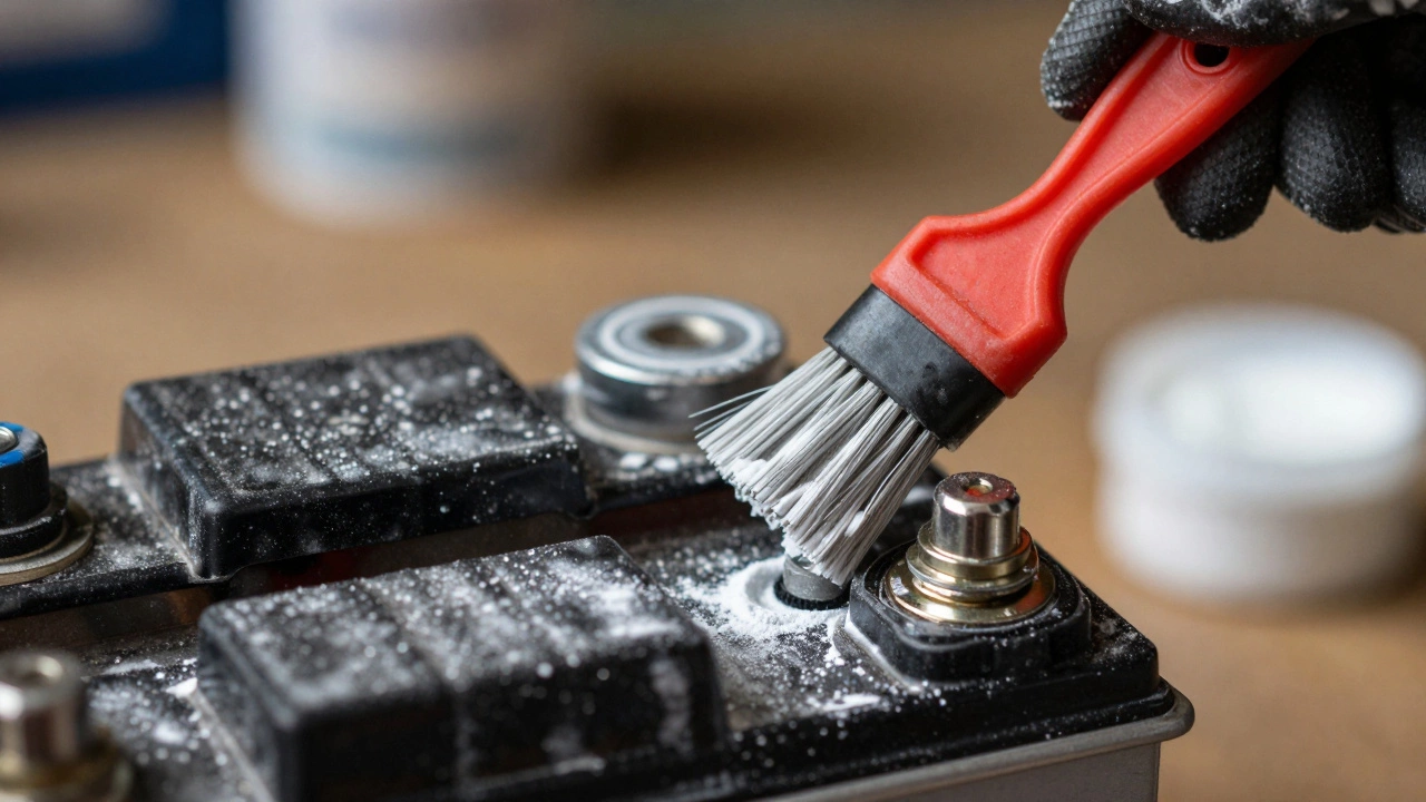 Hand cleaning corrosion off car battery terminals with a brush