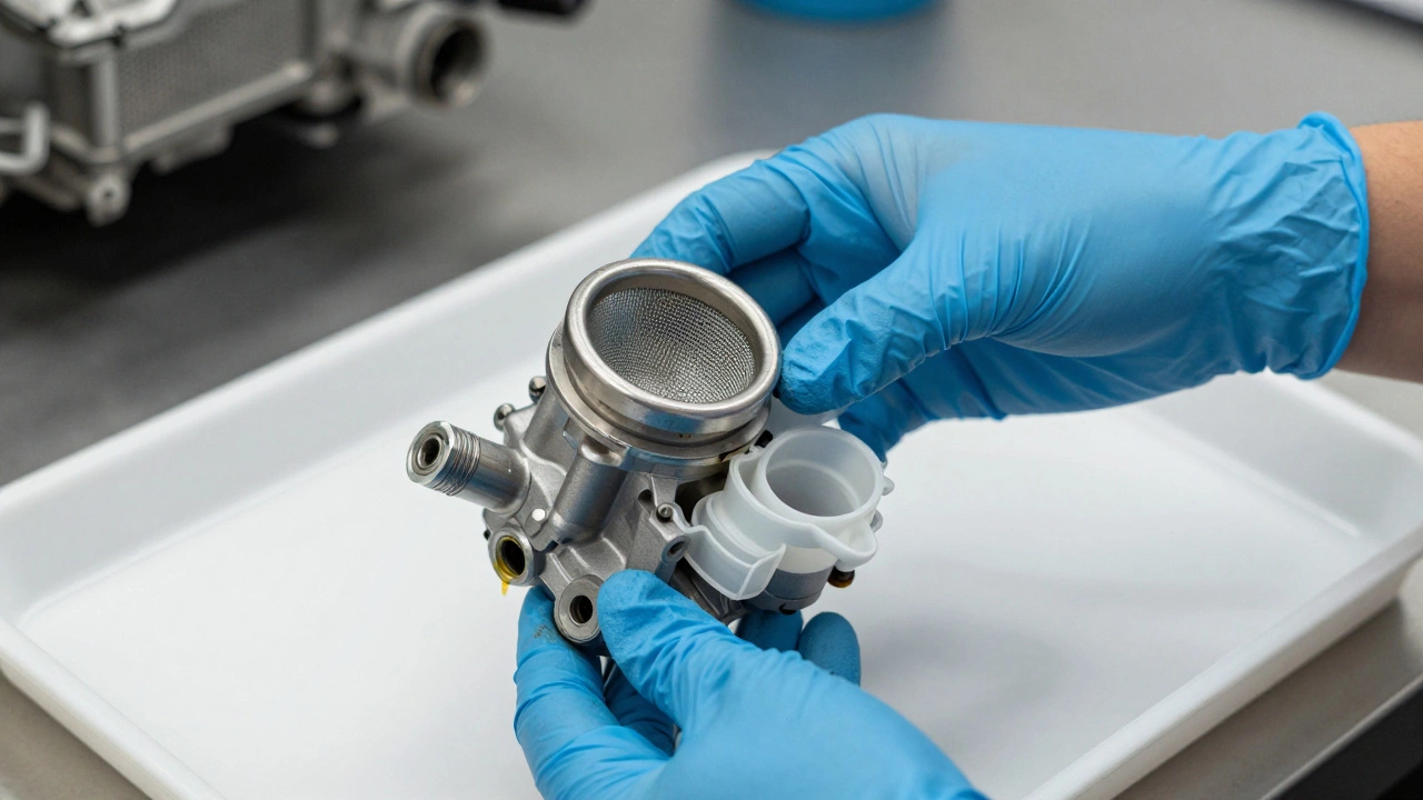 Mechanic's gloved hands holding a fuel pump module