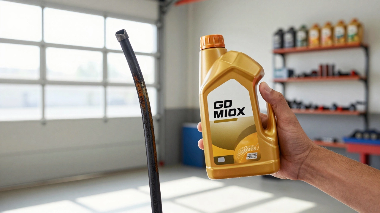Mechanic comparing fresh golden oil with a dirty black dipstick