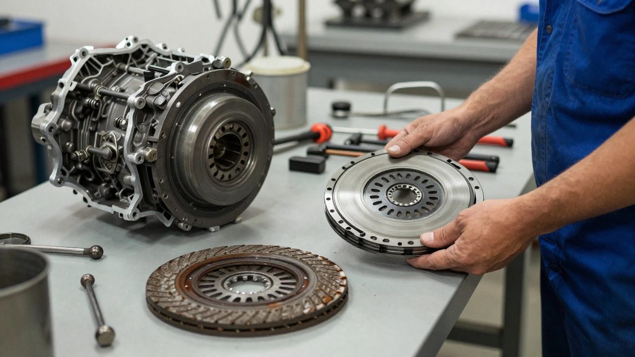 Mechanic comparing new and worn clutch discs in a garage
