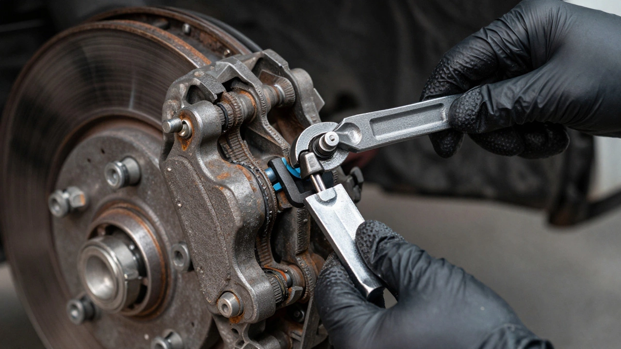 Mechanic hands installing brake pads and retracting caliper piston