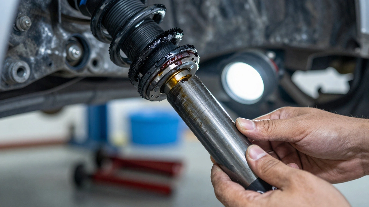 Mechanic inspecting leaking shock absorber under car chassis