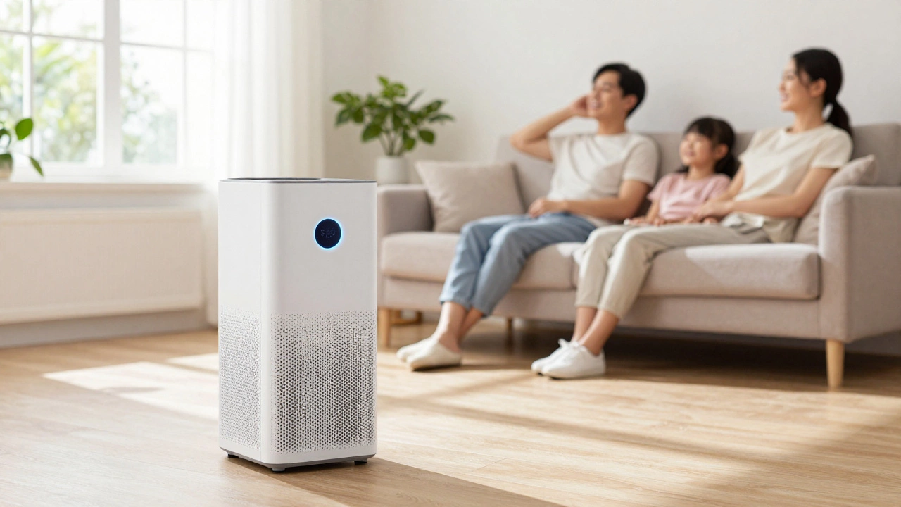 Portable HEPA air purifier in bright modern living room