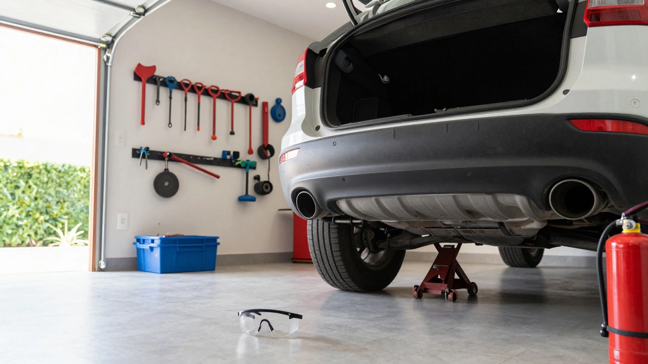 Prepared garage workspace with car ready for repair