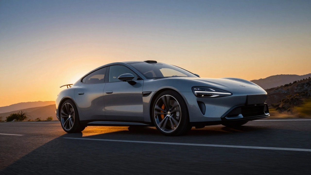 Sports car with lightweight alloy wheels driving on a winding road at sunset.