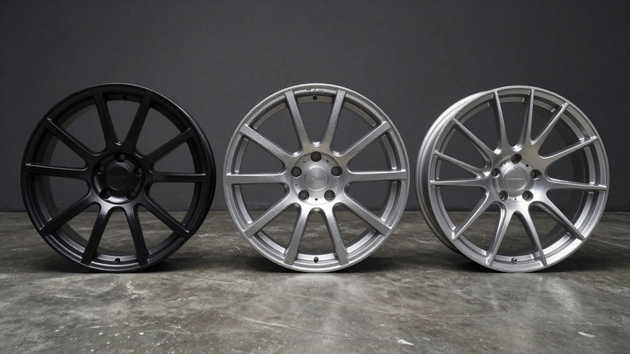 Three types of car wheels: steel, cast aluminum, and forged alloy compared.