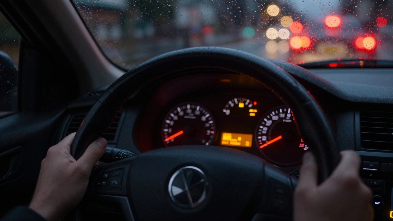 Car dashboard with jittering tachometer and check engine light