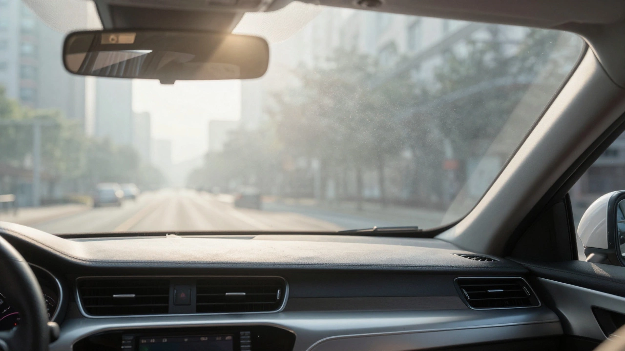 Clear car interior air contrasting with polluted city smog outside