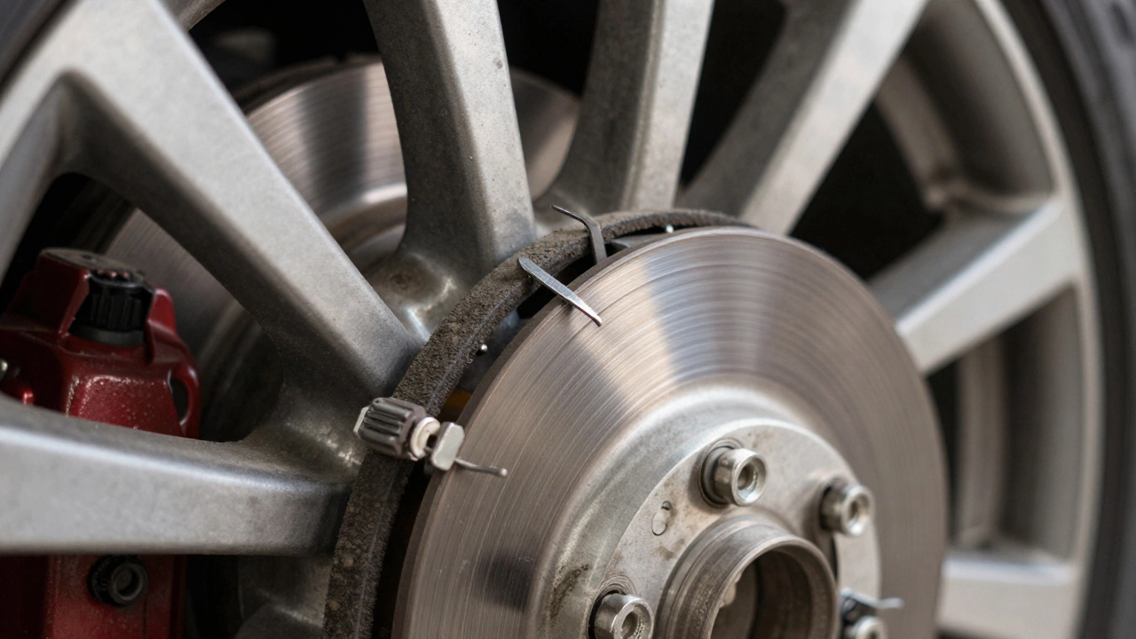 Close-up of brake wear indicator tab touching rotor