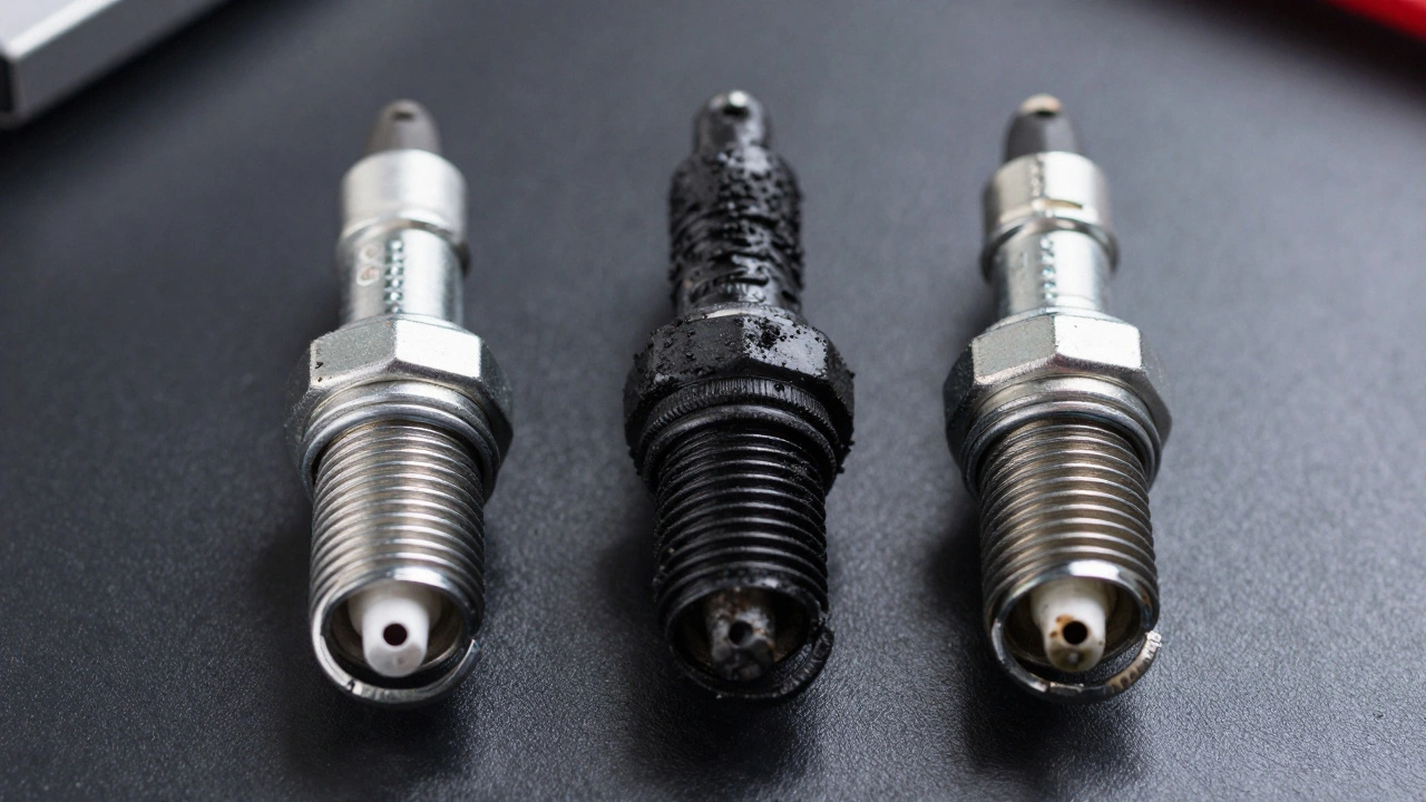 Comparison of new, fouled, and worn spark plugs on workbench