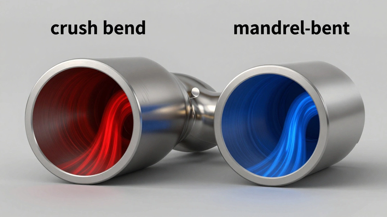 Diagram comparing restricted crush-bend vs smooth mandrel-bent pipes