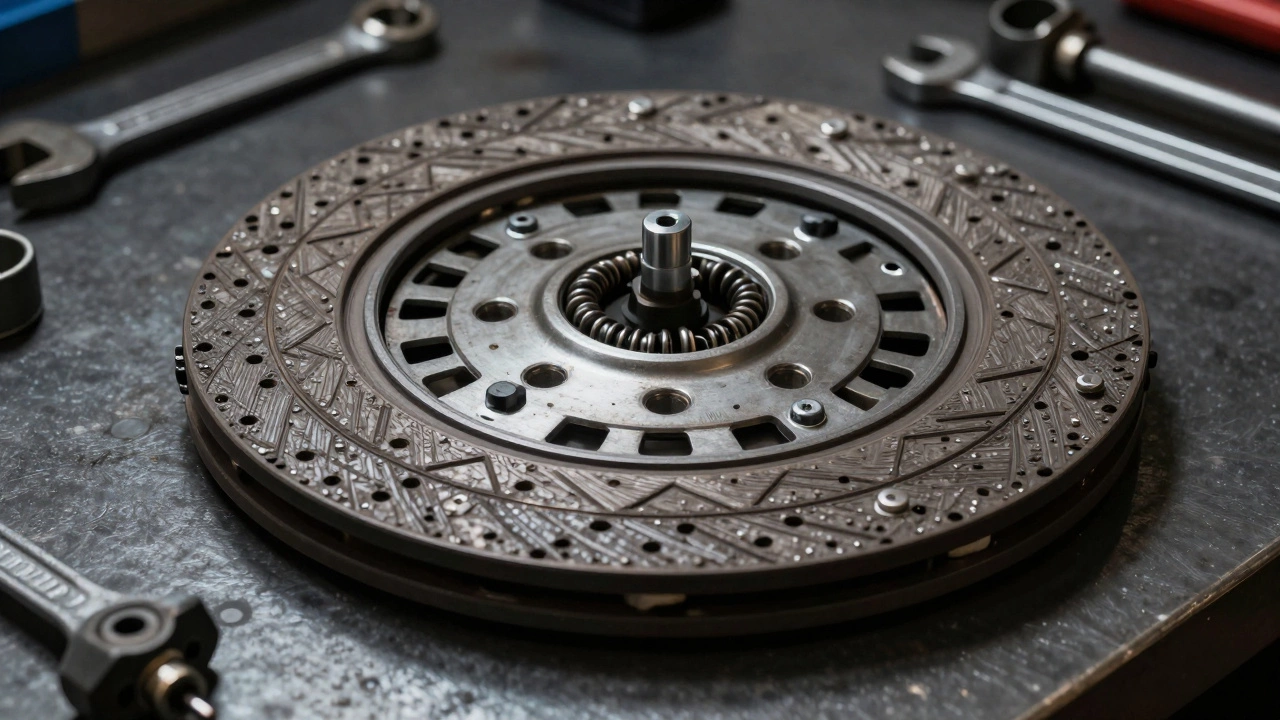Disassembled clutch kit components on workbench