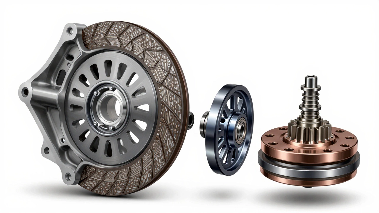 Exploded view of clutch disc, pressure plate, and flywheel