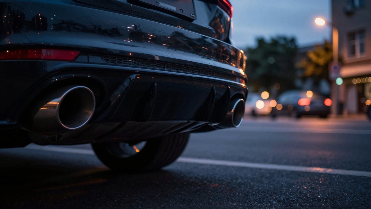 Glowing exhaust tips under a sports car in a city street at night