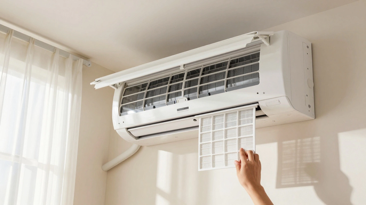 Hand installing clean air filter in wall-mounted AC unit