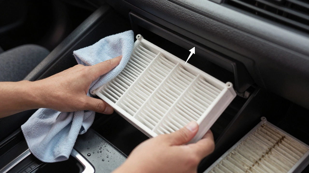 Hands installing a new cabin air filter into car glove box