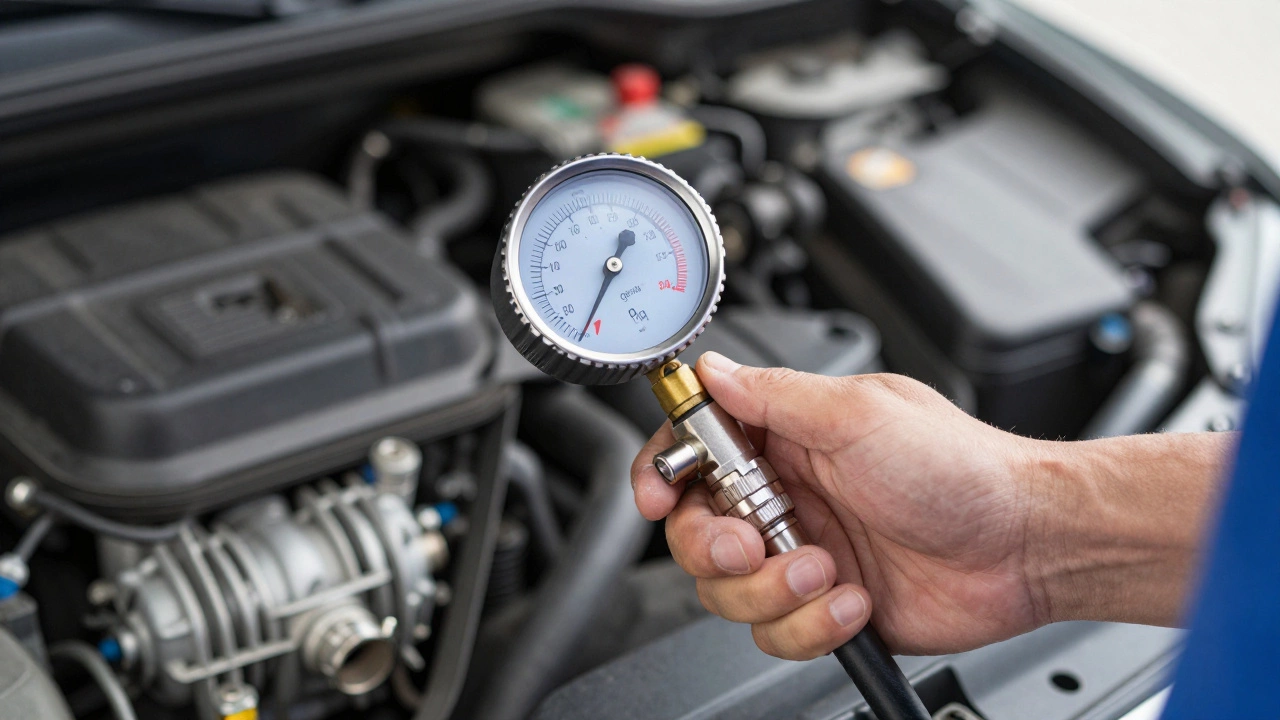 Mechanic checking fuel pressure with a gauge on a car engine rail