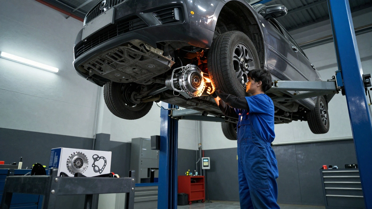 Mechanic replacing clutch under raised car