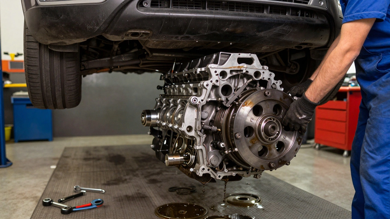 Mechanic working on exposed engine after transmission removal