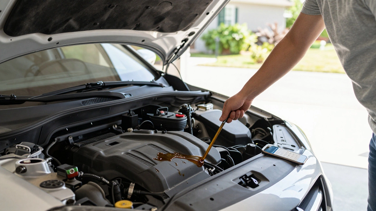 Person checking oil dipstick in a bright, calm garage setting