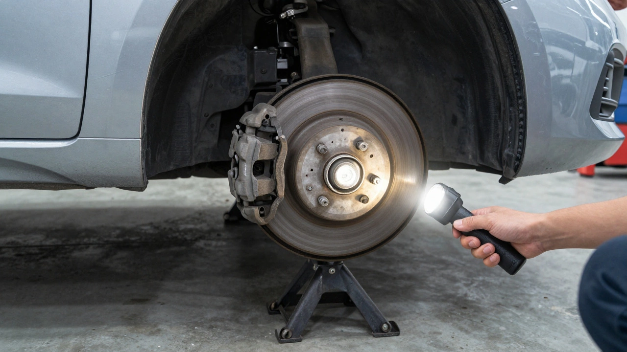 Person using flashlight to check brake pads through wheel