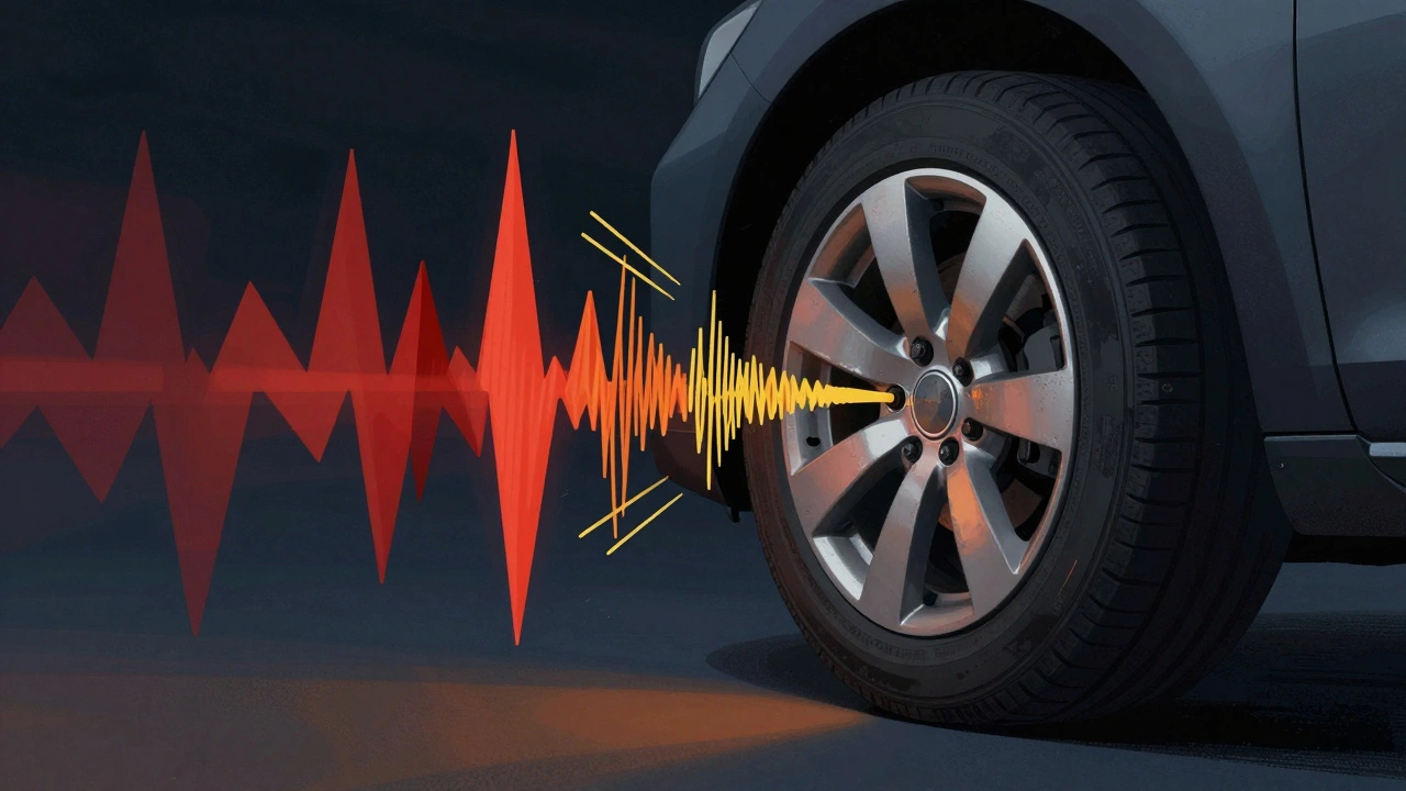 Abstract visualization of various suspension noises like clunks and squeaks around a car wheel