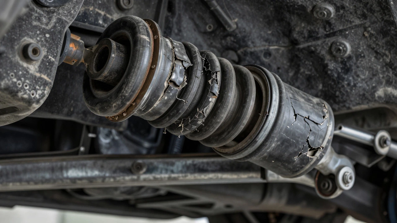 Close-up of cracked rubber bushings on car chassis